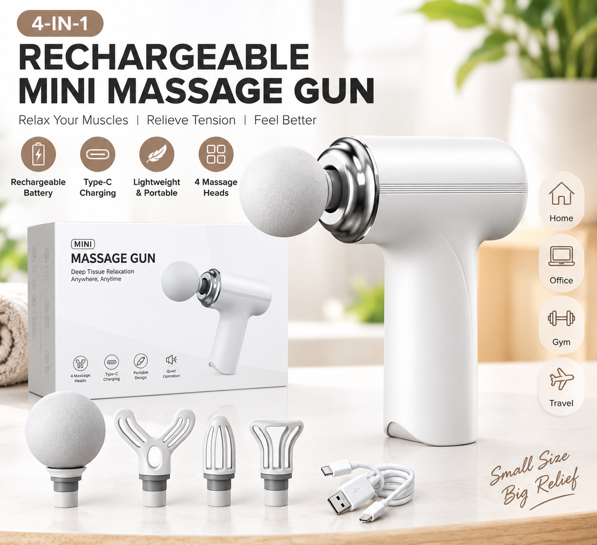 **4-in-1 Rechargeable Massage Gun – Deep Tissue Body Massager with 4 Massage Heads, Type-C Charging & Long-Lasting Battery**