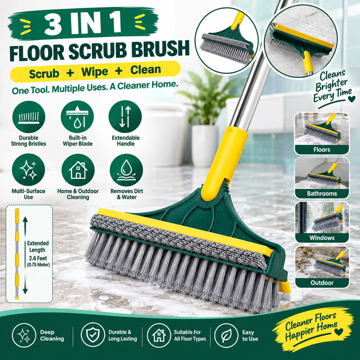 **3-in-1 Wiper Brush | Extendable Floor Cleaning Broom with Strong Bristles & Built-In Wiper Blade | Dual-Purpose Cleaning Tool**