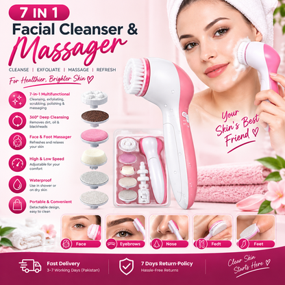 **7-in-1 Facial Cleanser & Massager – Electric Face Scrubber, Exfoliating Brush & Blackhead Removal Beauty Device**